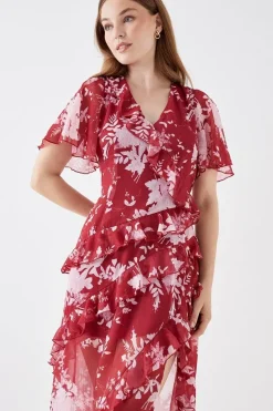 Debut London by Coast Bias Cut Ruffle Angel Sleeve Midi Dress