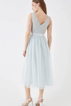 Debut London by Coast Circle Embellished Bodice Mesh Midi Dress