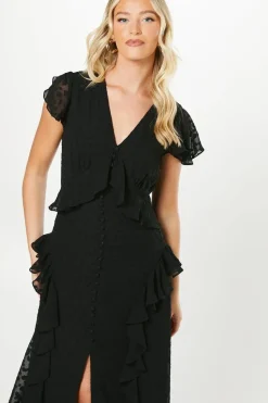 Debut London By Coast Flutter Sleeve Dobby Mesh Button Through Midi Dress