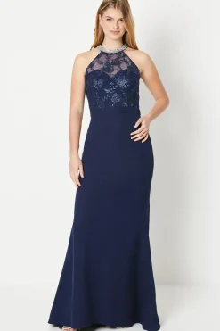 Debut London by Coast Halterneck Jewel Trim Sculpting Crepe Prom Dress