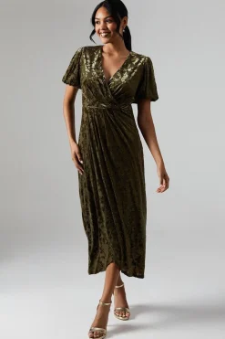 Debut London By Coast Puff Sleeve Wrap Skirt Devore Midi Dress