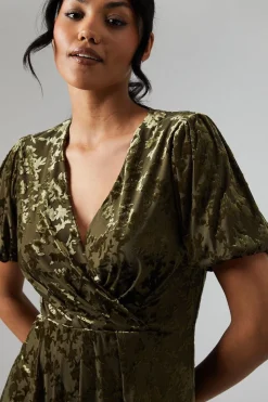 Debut London By Coast  Puff Sleeve Wrap Skirt Devore Midi Dress