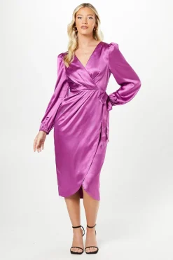 Debut London By Coast Satin Long Sleeve Wrap Midi Dress