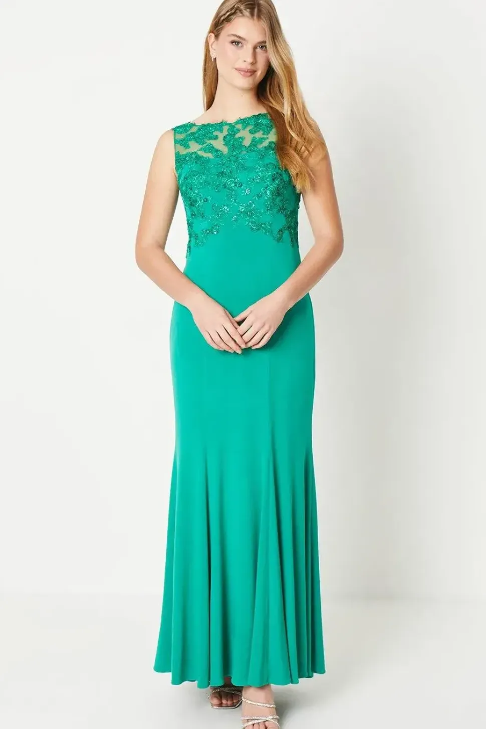 Debut London by Coast Slash Neck Open Back Applique Prom Dress