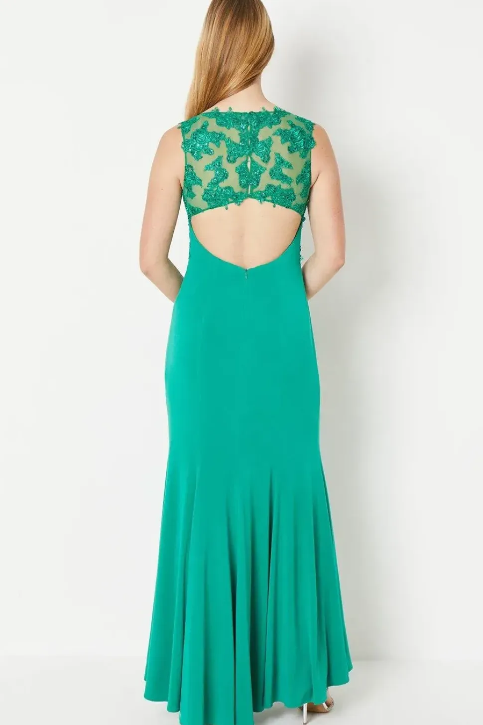 Debut London by Coast Slash Neck Open Back Applique Prom Dress