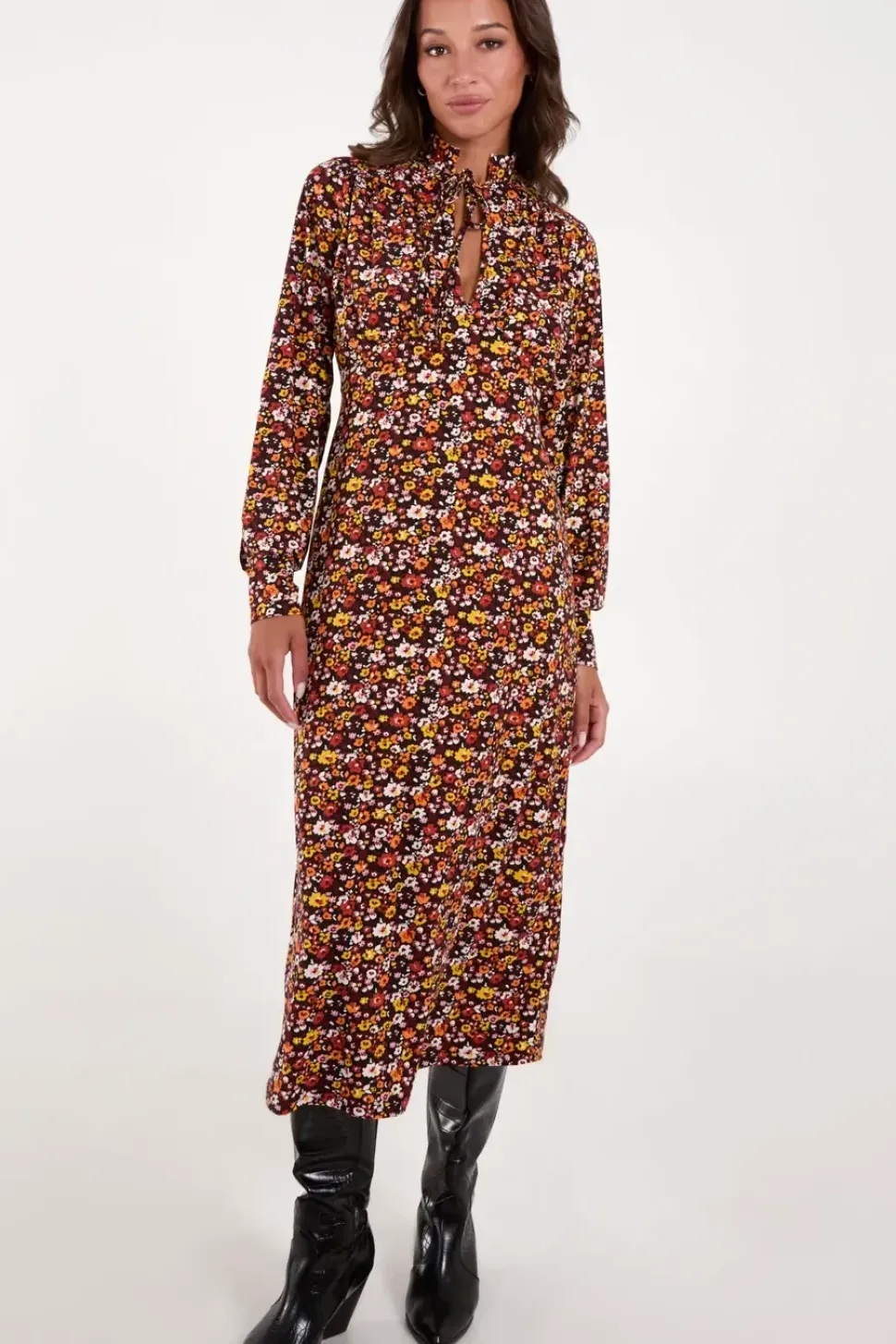 Deep V Tie High Neck Midi Dress
