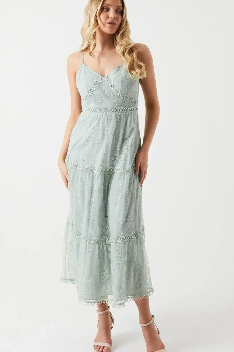 Delicate Lace Trim Insert Strappy Maxi Bridesmaids Dress