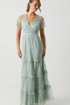 Delicate Lace Trim Insert Tiered Maxi Bridesmaids Dress