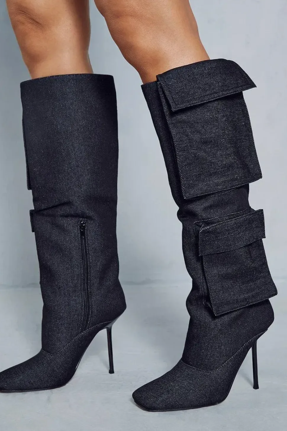 Denim Cargo Knee High Boots