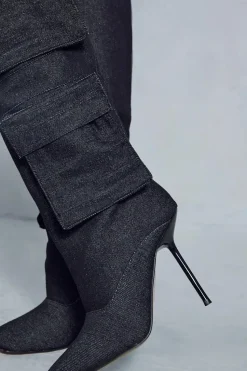 Denim Cargo Knee High Boots