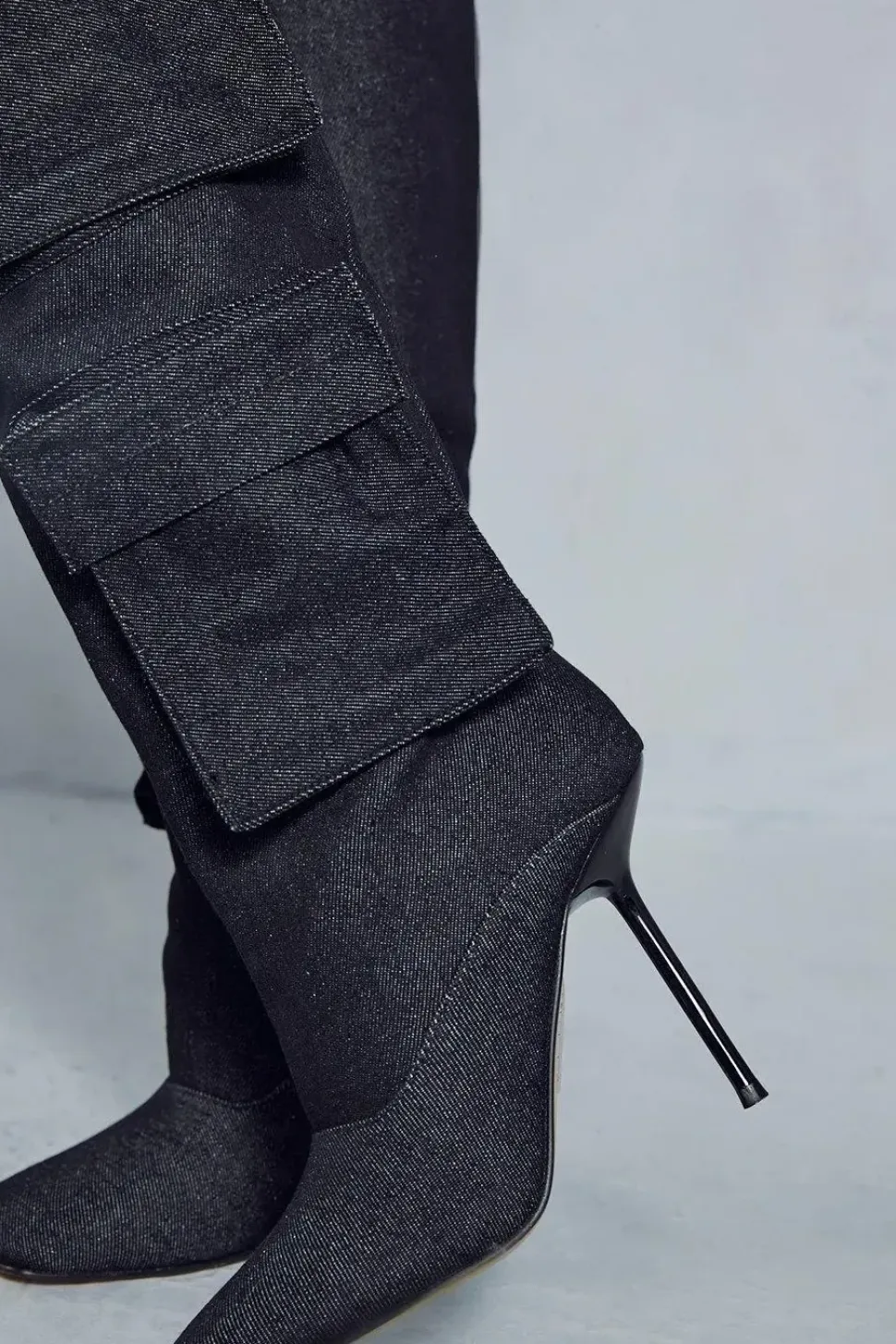 Denim Cargo Knee High Boots