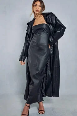 Denim Coated Bandeau Split Back Maxi Dress