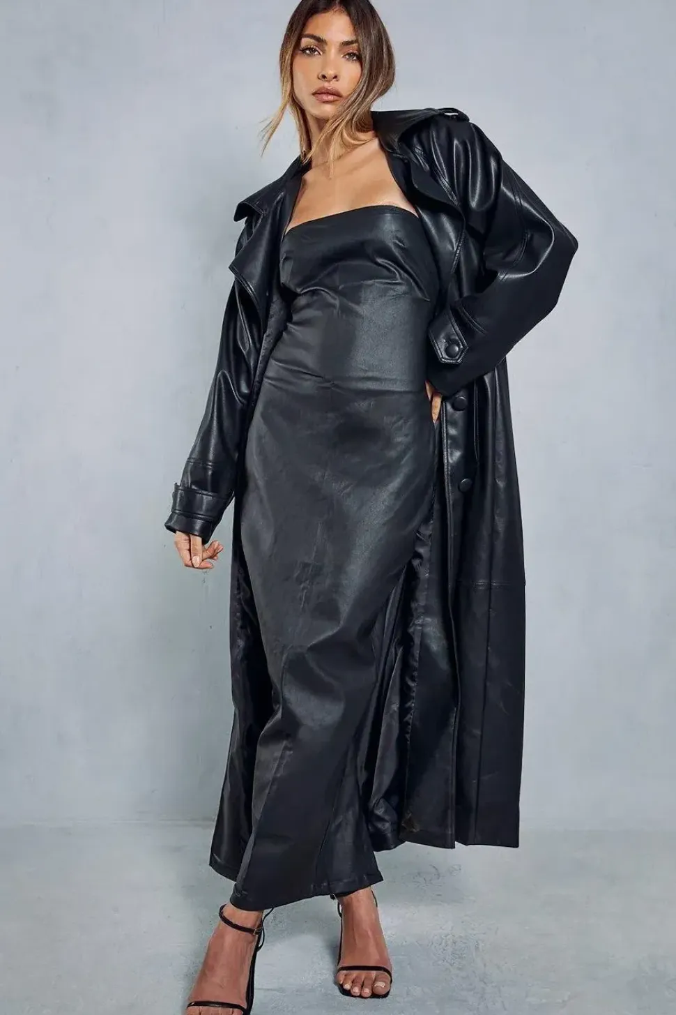 Denim Coated Bandeau Split Back Maxi Dress