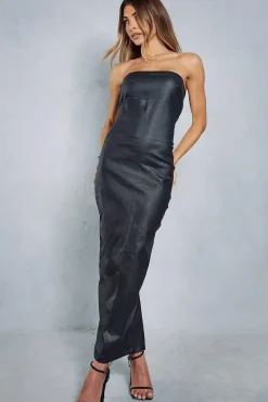 Denim Coated Bandeau Split Back Maxi Dress