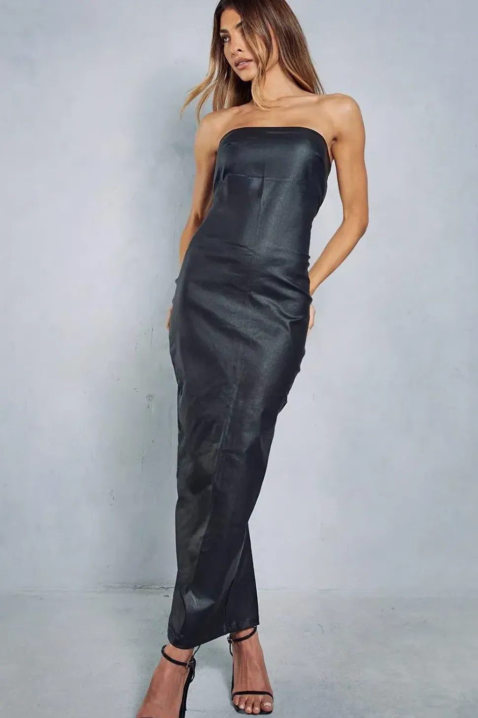 Denim Coated Bandeau Split Back Maxi Dress