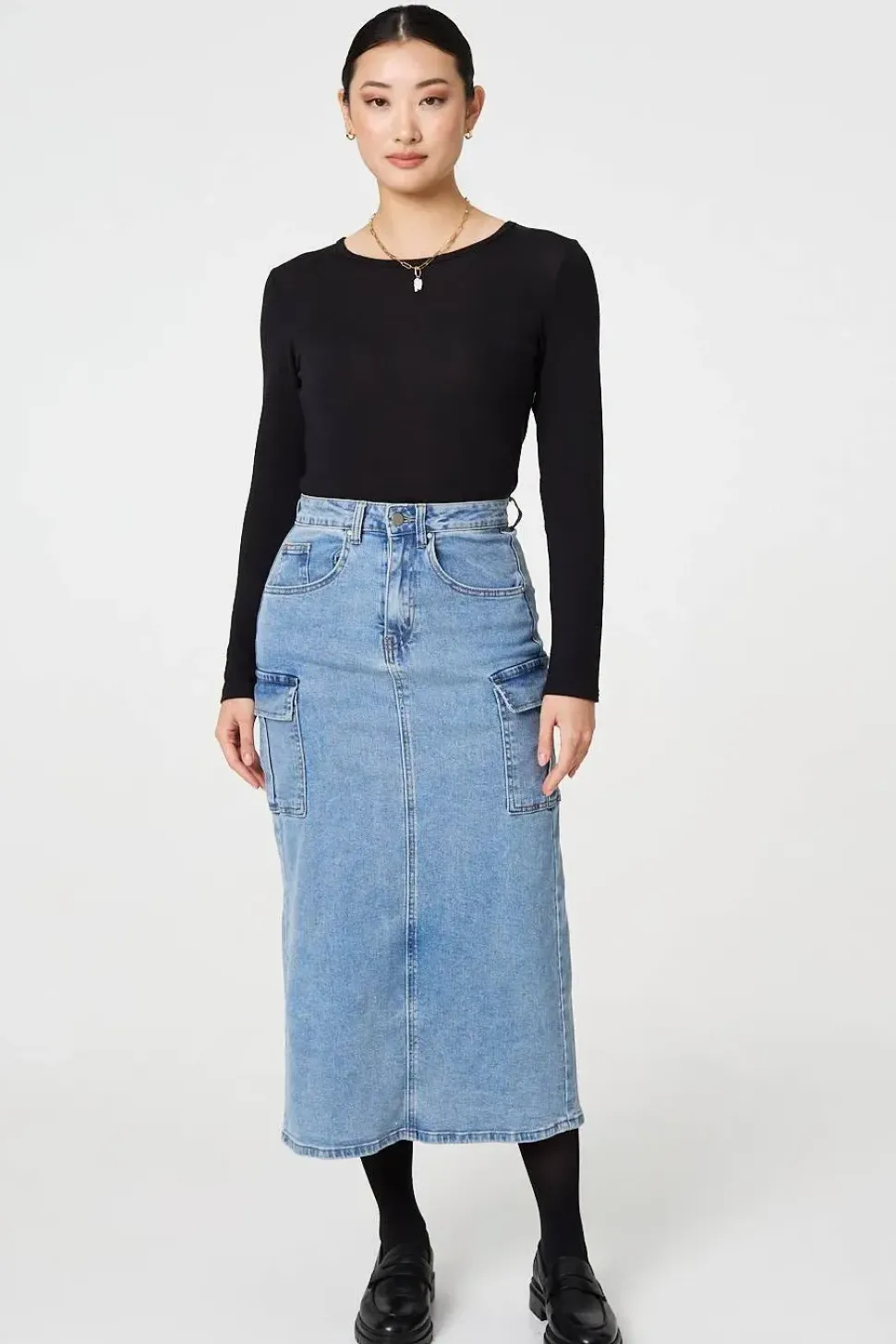 Denim High Waist Midi Cargo Skirt