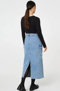 Denim High Waist Midi Cargo Skirt