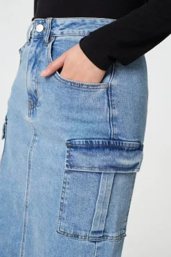 Denim High Waist Midi Cargo Skirt