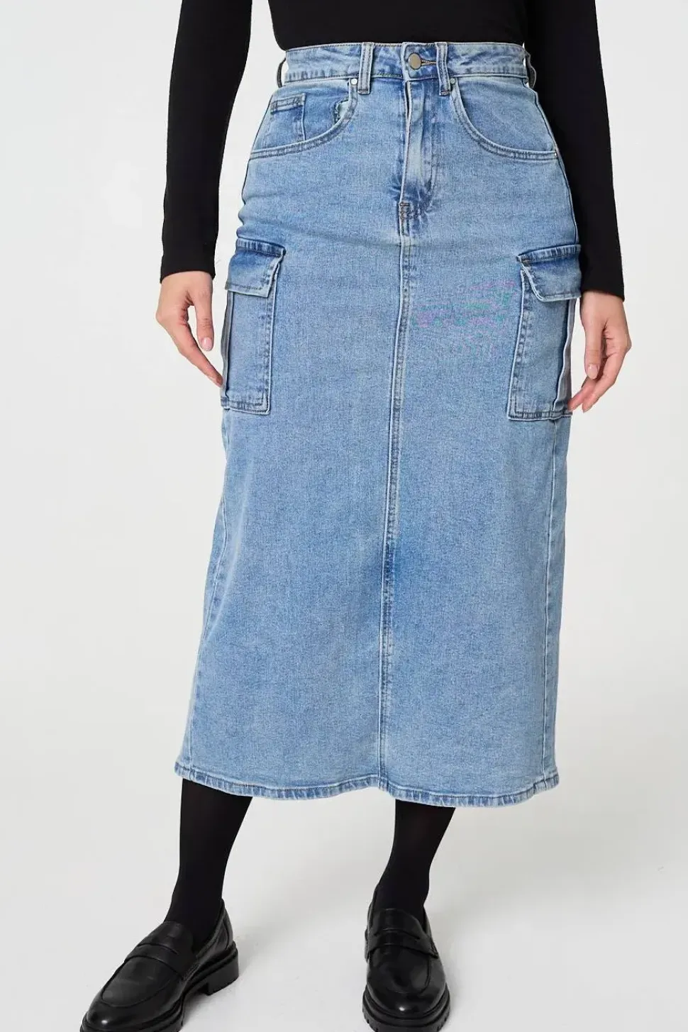 Denim High Waist Midi Cargo Skirt