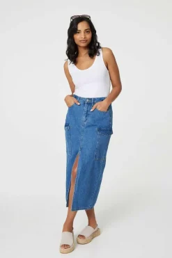 Denim High Waist Split Midi Skirt