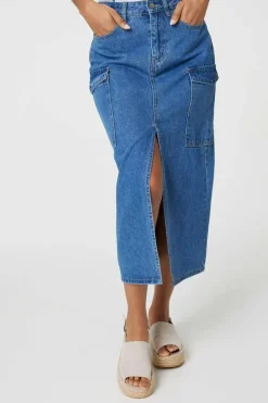 Denim High Waist Split Midi Skirt