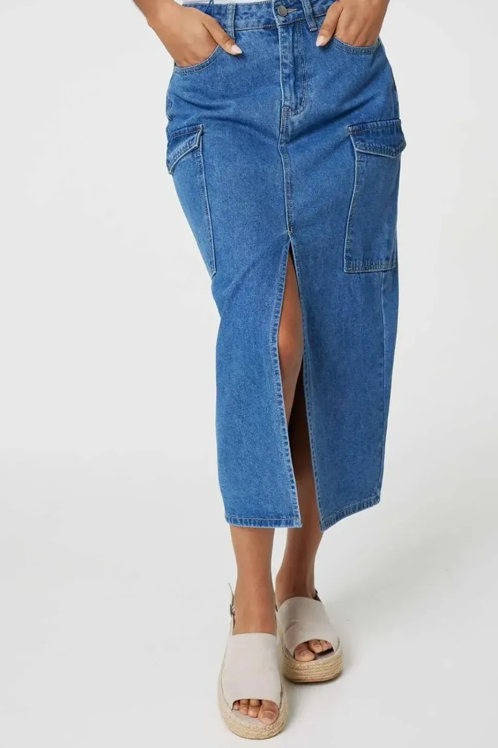 Denim High Waist Split Midi Skirt