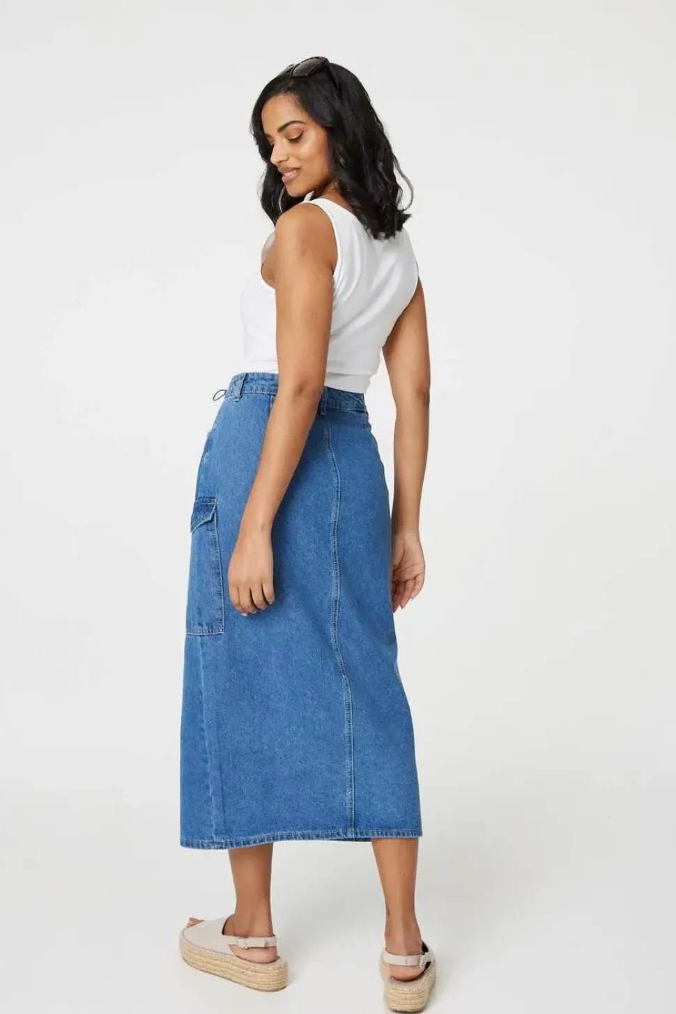 Denim High Waist Split Midi Skirt