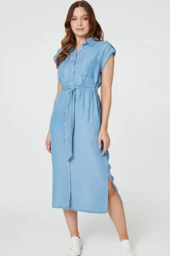 Denim Side Split Midi Shirt Dress