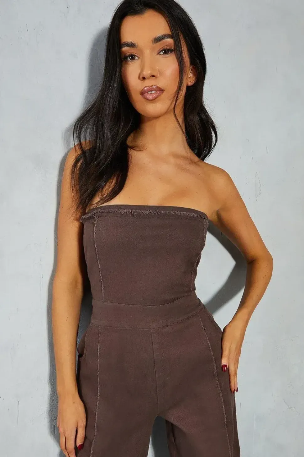 Denim Strapless Straight Leg Jumpsuit
