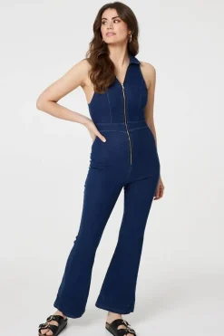 Denim Zip Front Flared Jumpsuit
