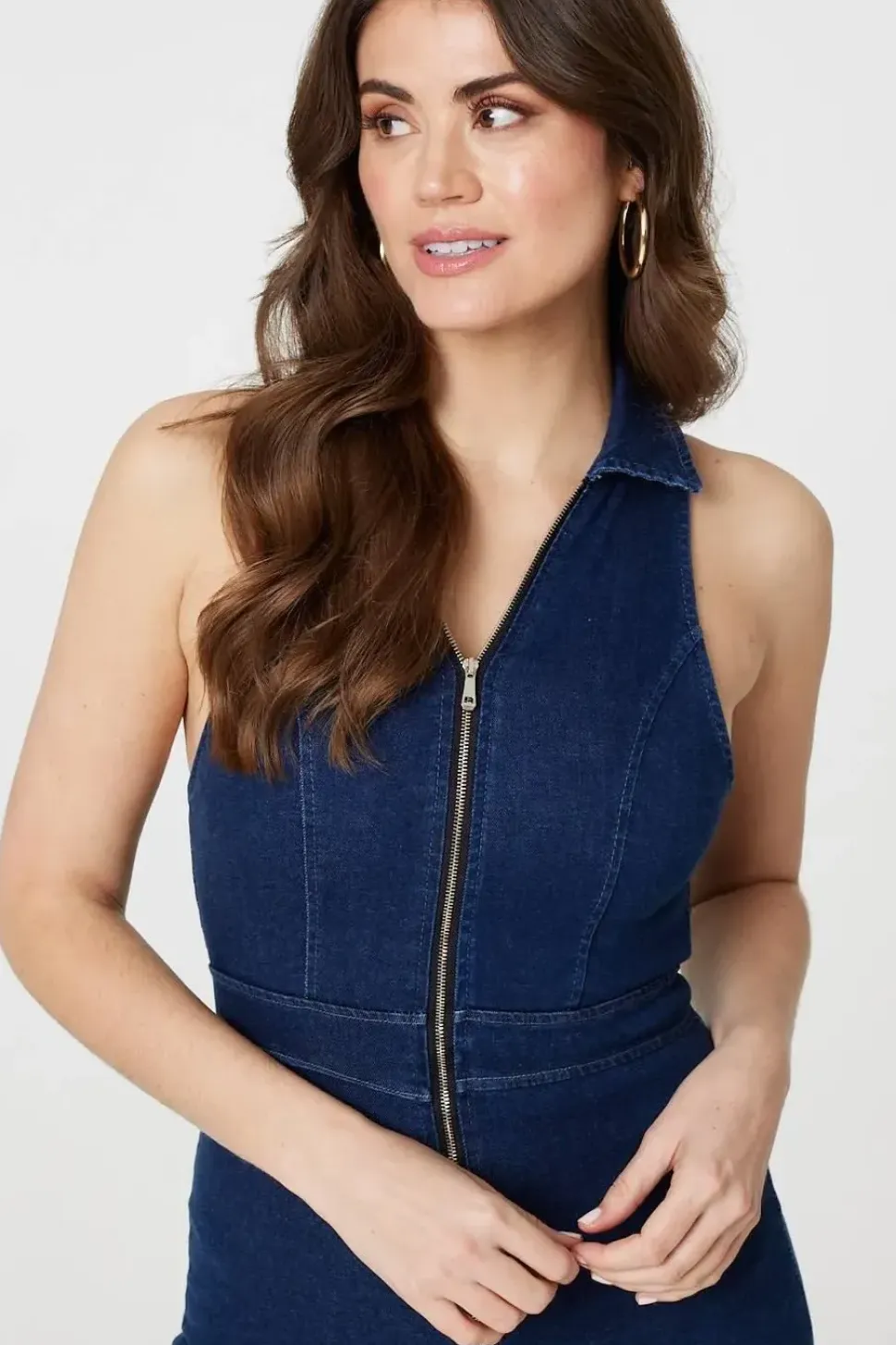 Denim Zip Front Flared Jumpsuit