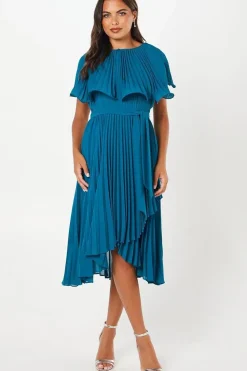 Detachable Pleated Cape Detail Midi Dress With Tie Waist