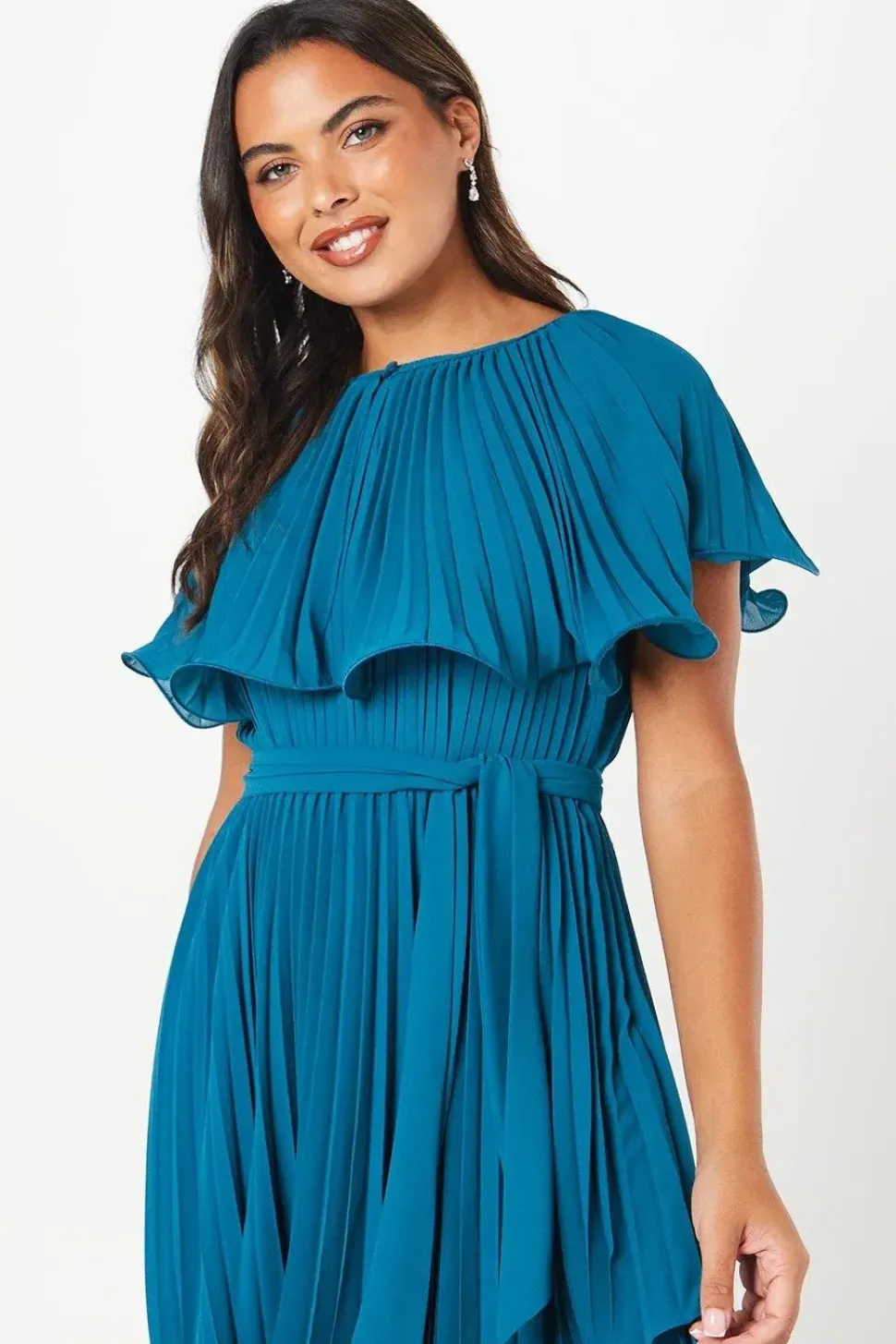 Detachable Pleated Cape Detail Midi Dress With Tie Waist