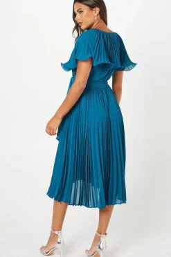 Detachable Pleated Cape Detail Midi Dress With Tie Waist