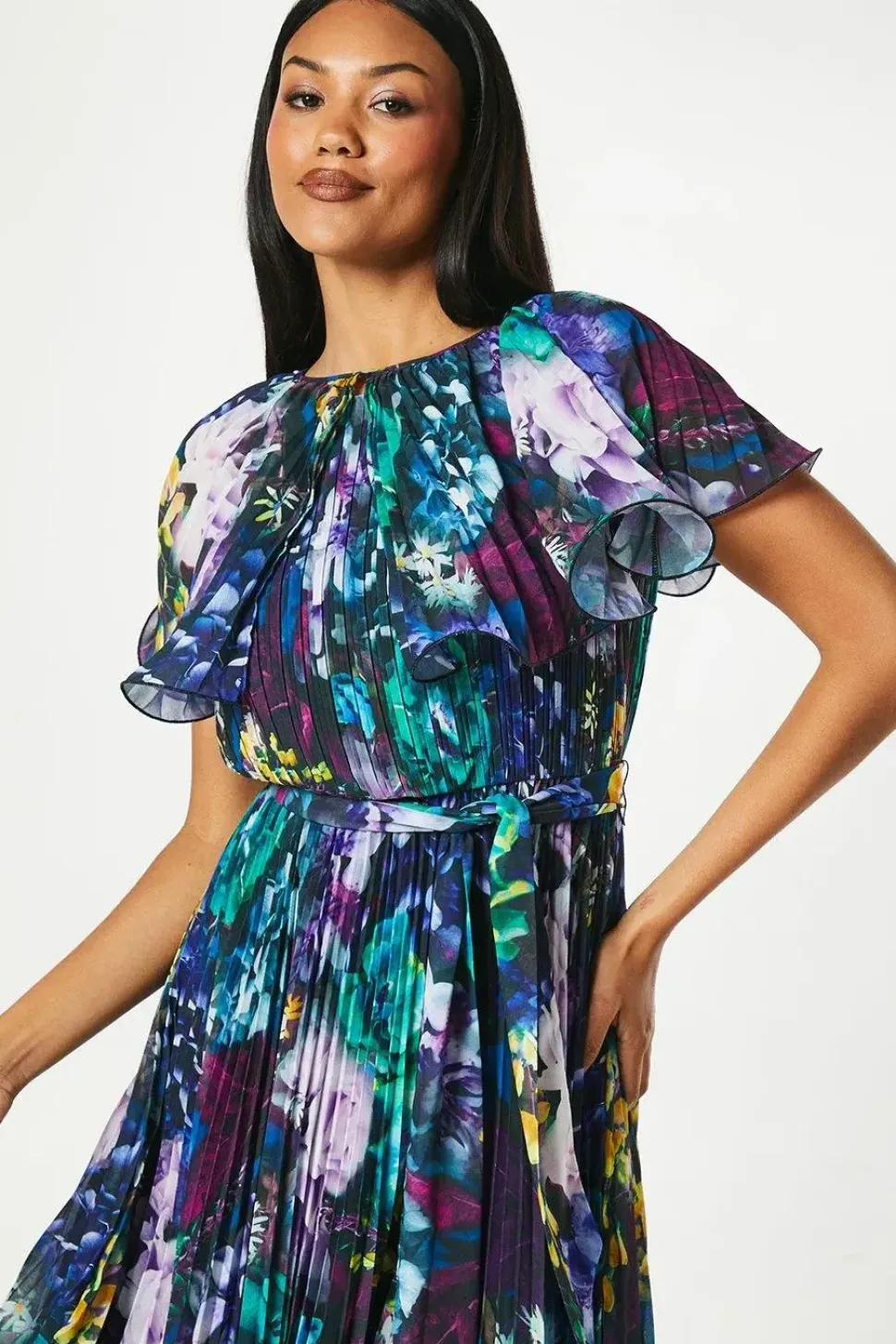 Detachable Pleated Cape Detail Midi Wedding Guest Dress