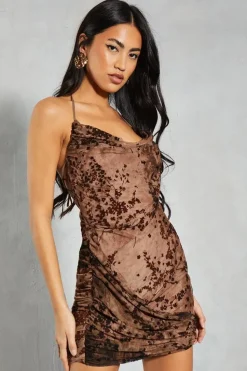 Devore Mesh Floral Halterneck Twist Detail Mini Dress
