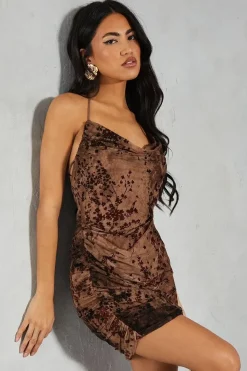 Devore Mesh Floral Halterneck Twist Detail Mini Dress