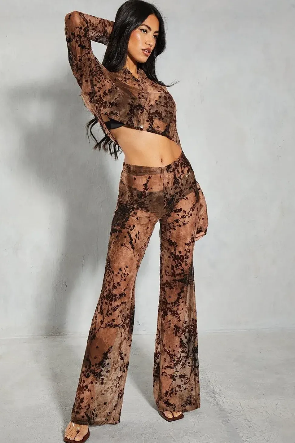 Devore Mesh Floral High Waisted Wide Leg Trouser
