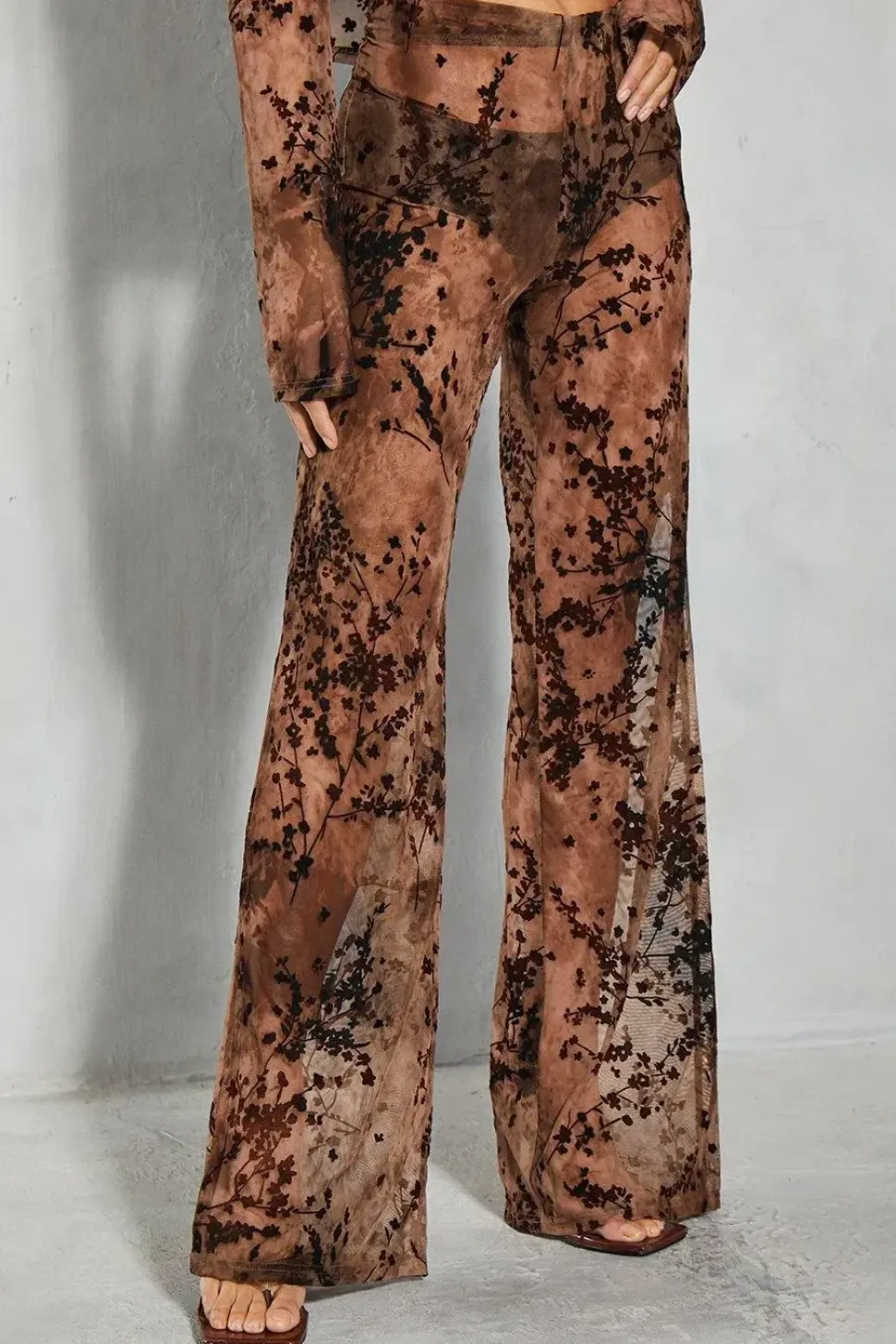 Devore Mesh Floral High Waisted Wide Leg Trouser