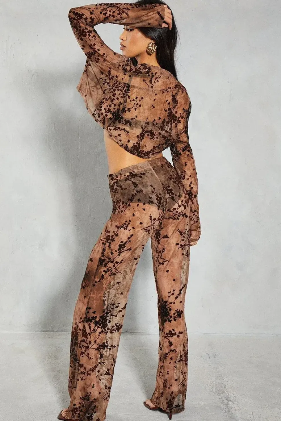 Devore Mesh Floral High Waisted Wide Leg Trouser