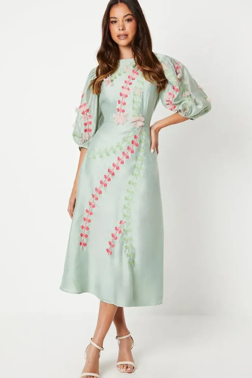 3d Floral Embroidered Puff Sleeve Midi Dress
