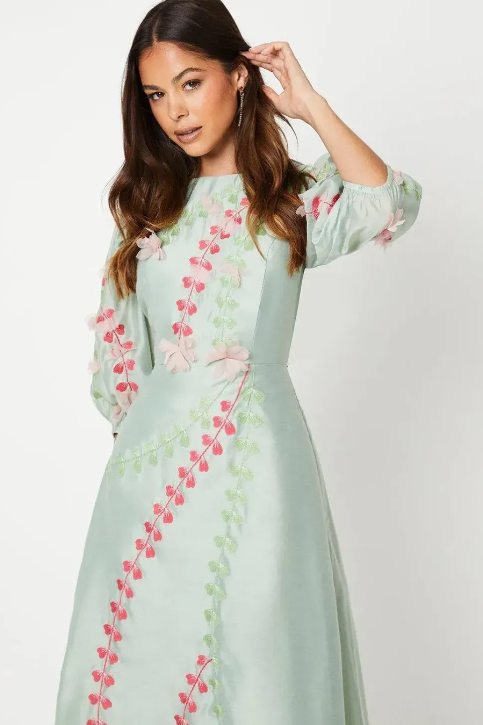 3d Floral Embroidered Puff Sleeve Midi Dress