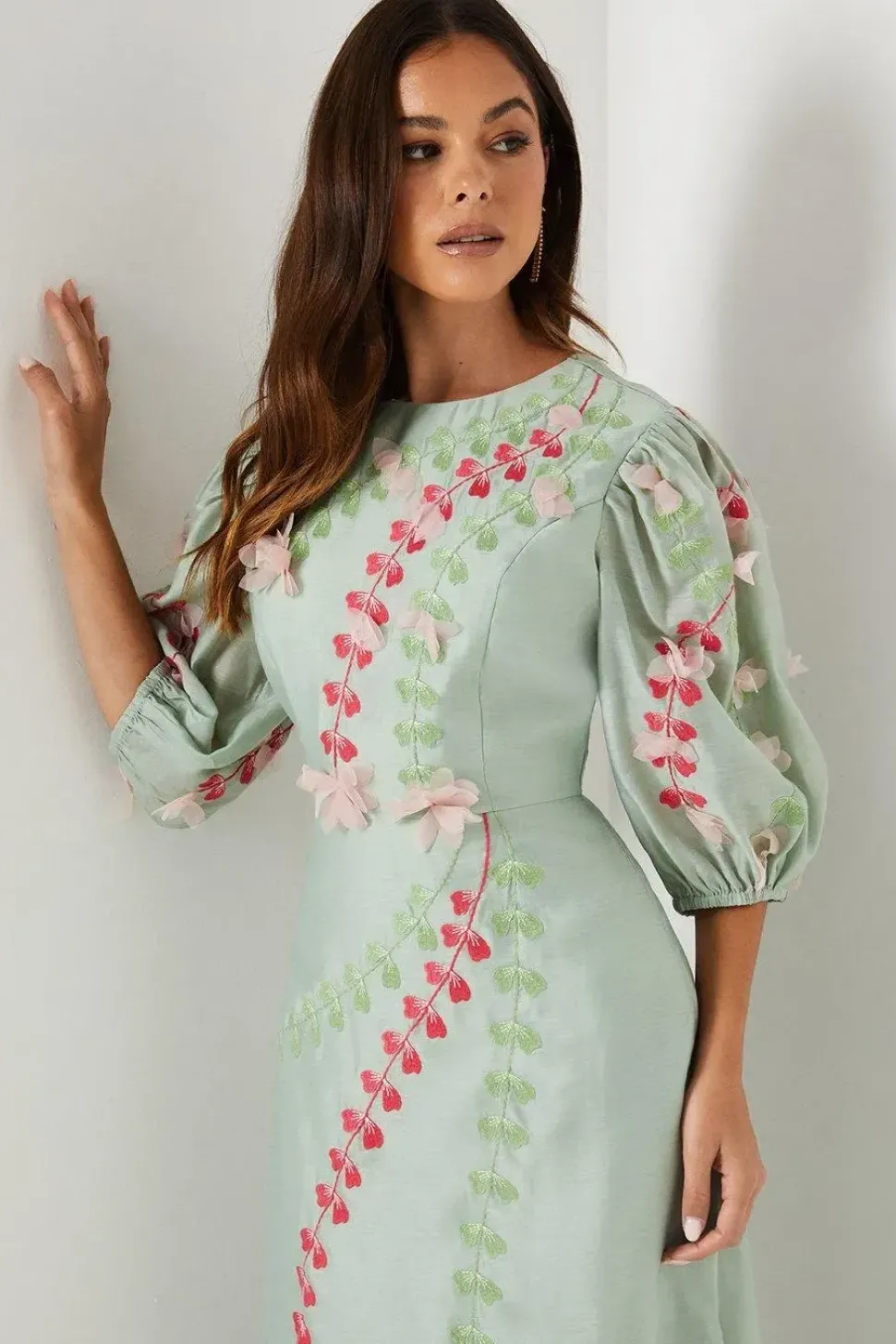 3d Floral Embroidered Puff Sleeve Midi Dress