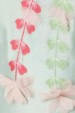 3d Floral Embroidered Puff Sleeve Midi Dress