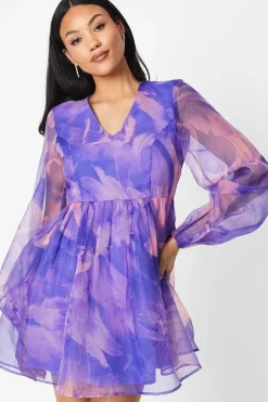 3d Floral Printed Organza Mini Dress