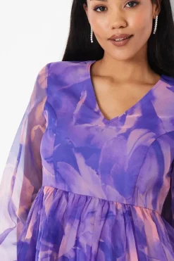 3d Floral Printed Organza Mini Dress