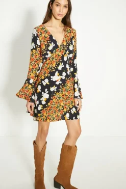 Diagonal Floral Ruffle Sleeve Tea Dress