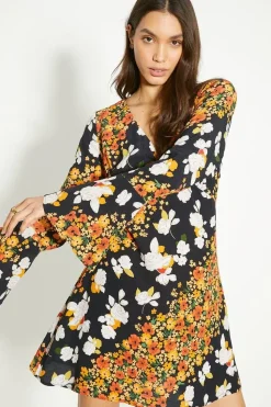 Diagonal Floral Ruffle Sleeve Tea Dress
