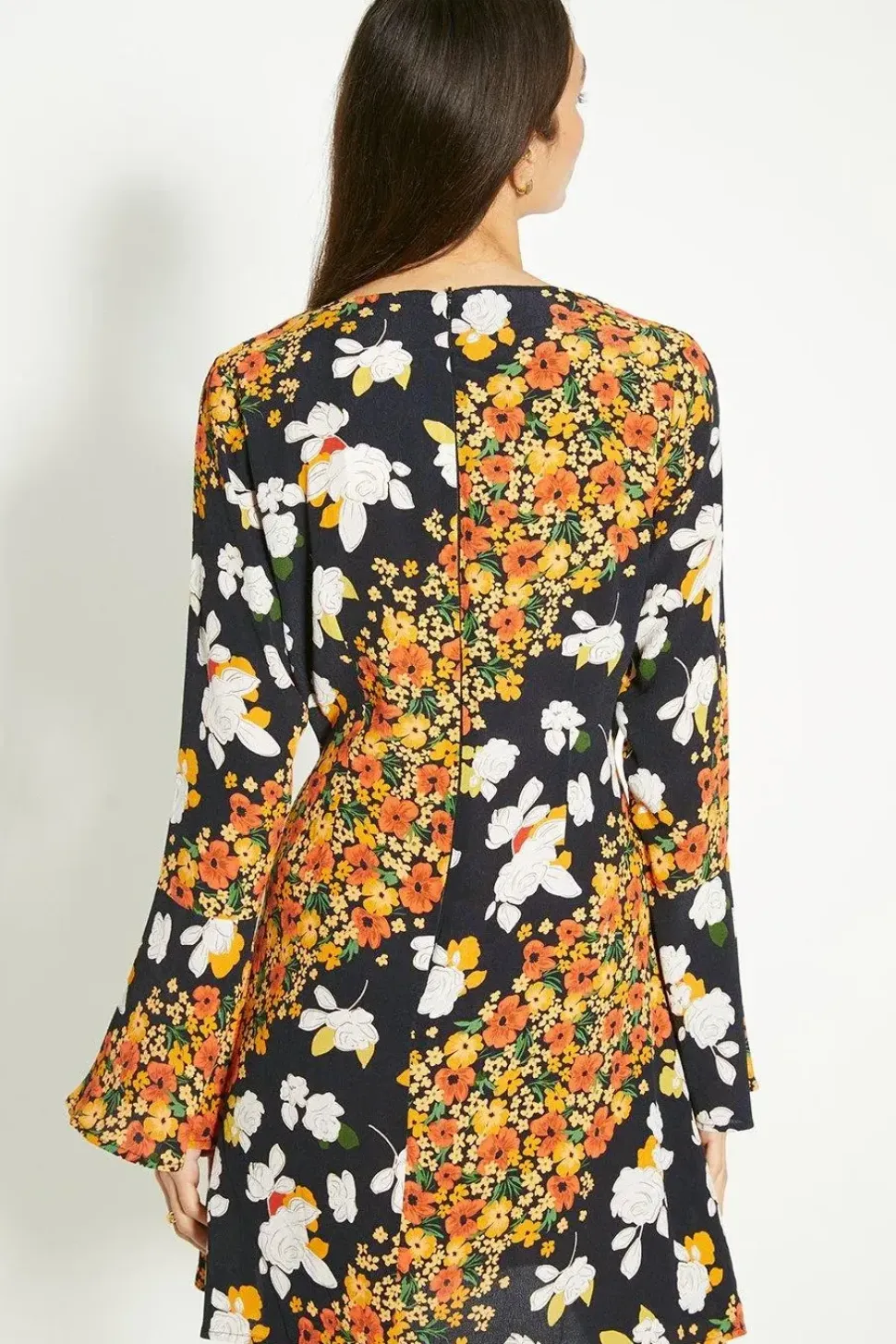 Diagonal Floral Ruffle Sleeve Tea Dress