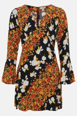 Diagonal Floral Ruffle Sleeve Tea Dress